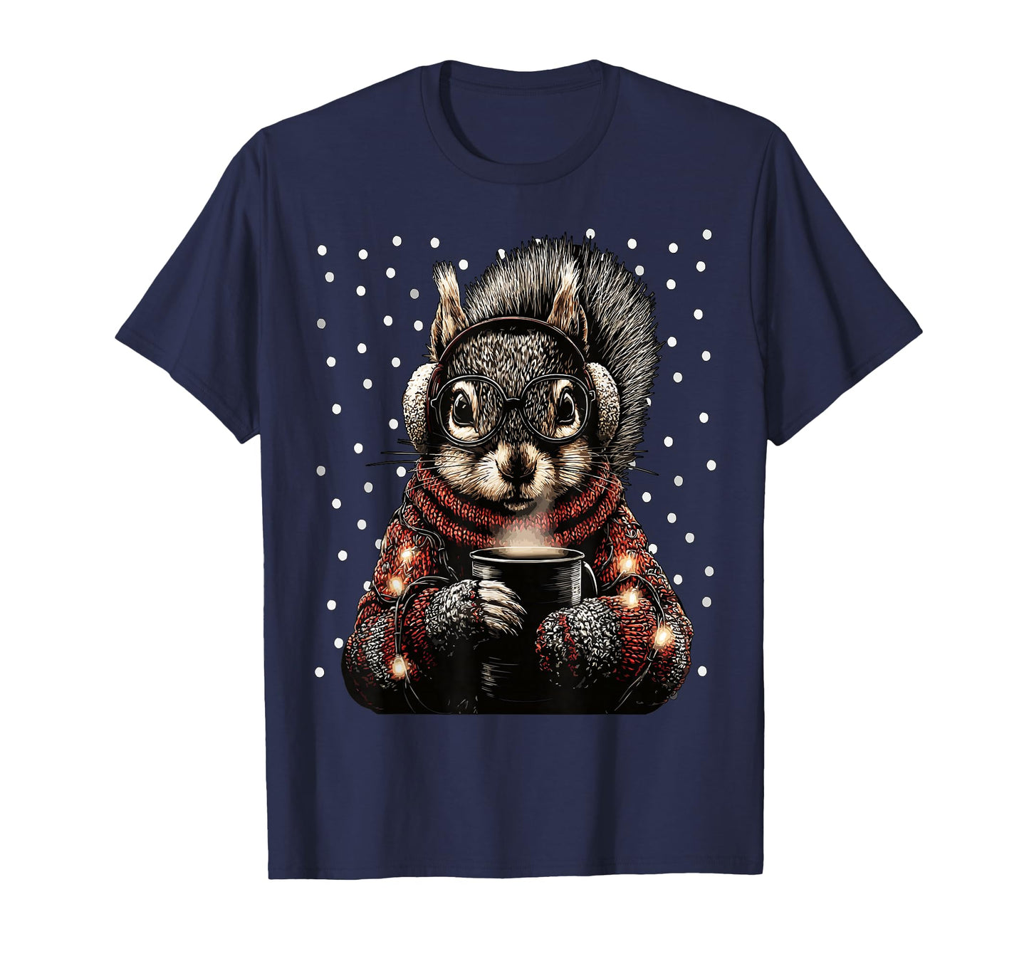 Squirrel with Glasses Christmas Lights Funny Coffee Winter T-Shirt