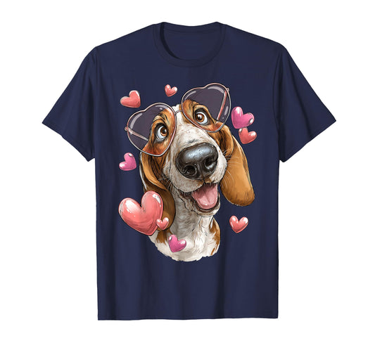 Basset Hound Dog Valentine's Day Heart Sunglasses T-Shirt