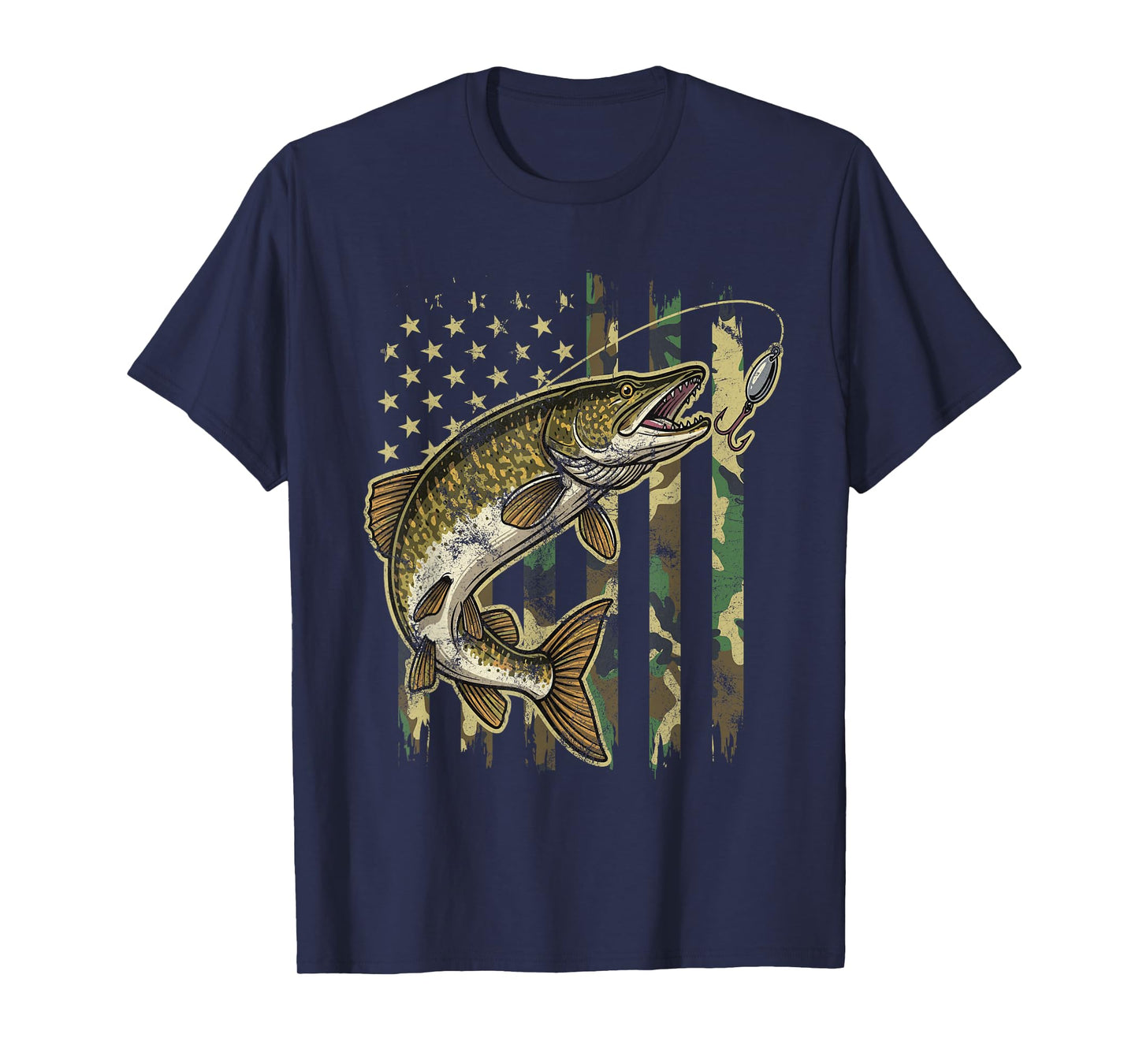 Vintage Northern Pike Fishing Camo American Flag T-Shirt