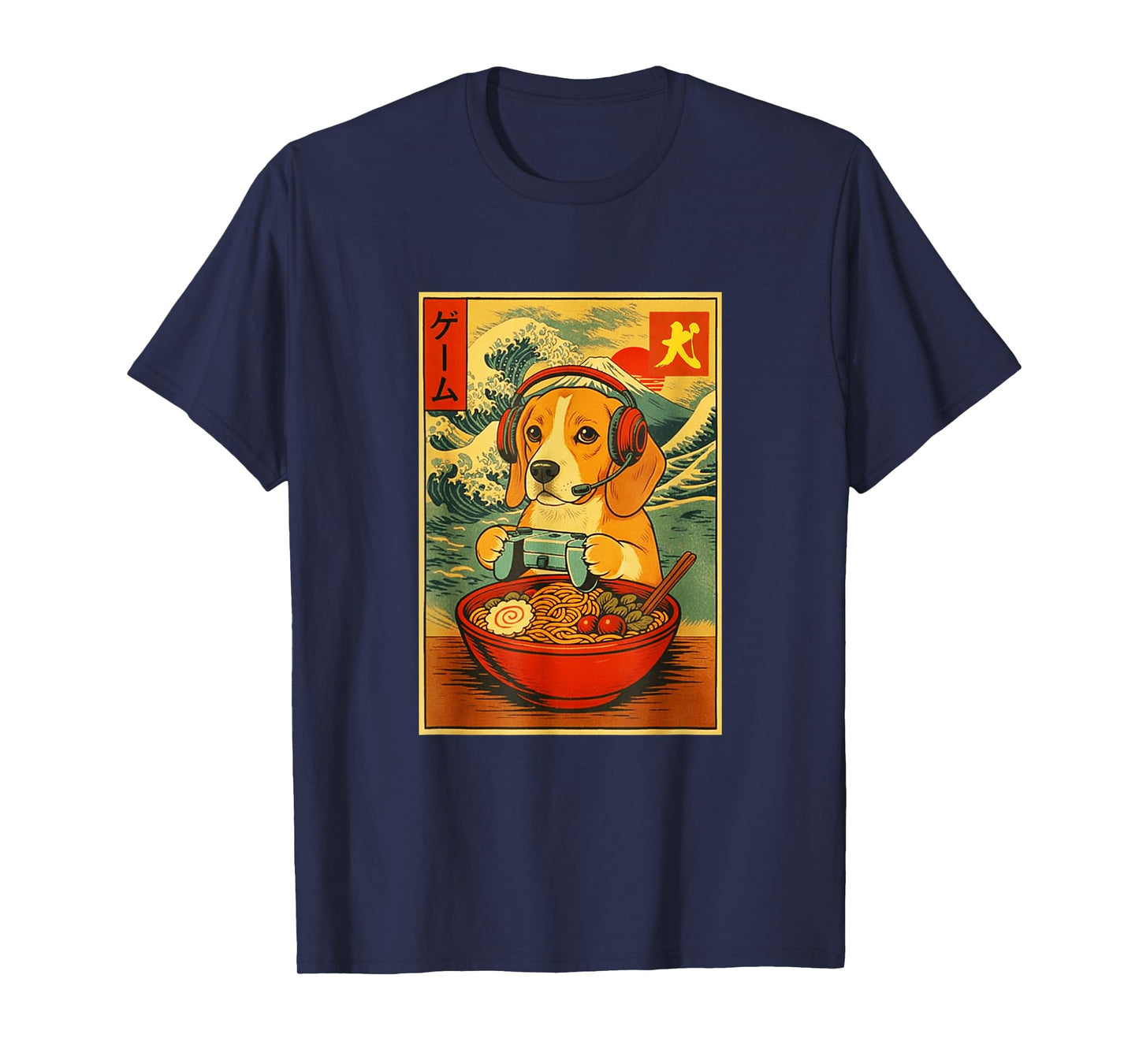 Beagle Dog Gaming Ramen Japanese Ukiyo-e Great Wave Retro T-Shirt