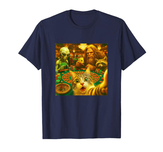 Funny Gambling Cat Raccoon Alien Bigfoot Selfie Art Casino T-Shirt