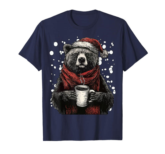 Cute Christmas Bear with Santa Hat Coffee Lover Funny Winter T-Shirt