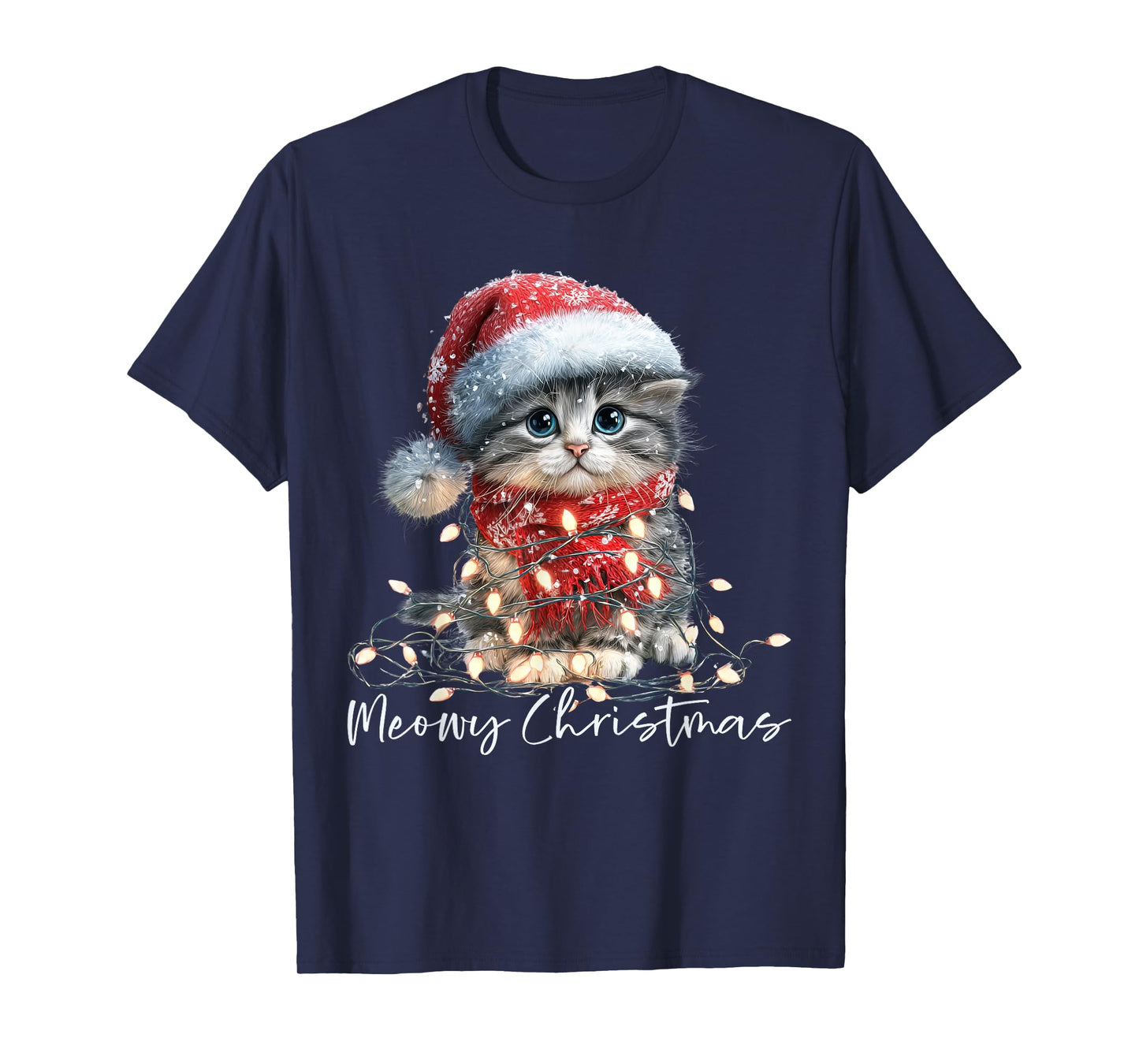 Meowy Christmas Black Cat Lights Santa Hat Funny Holiday T-Shirt