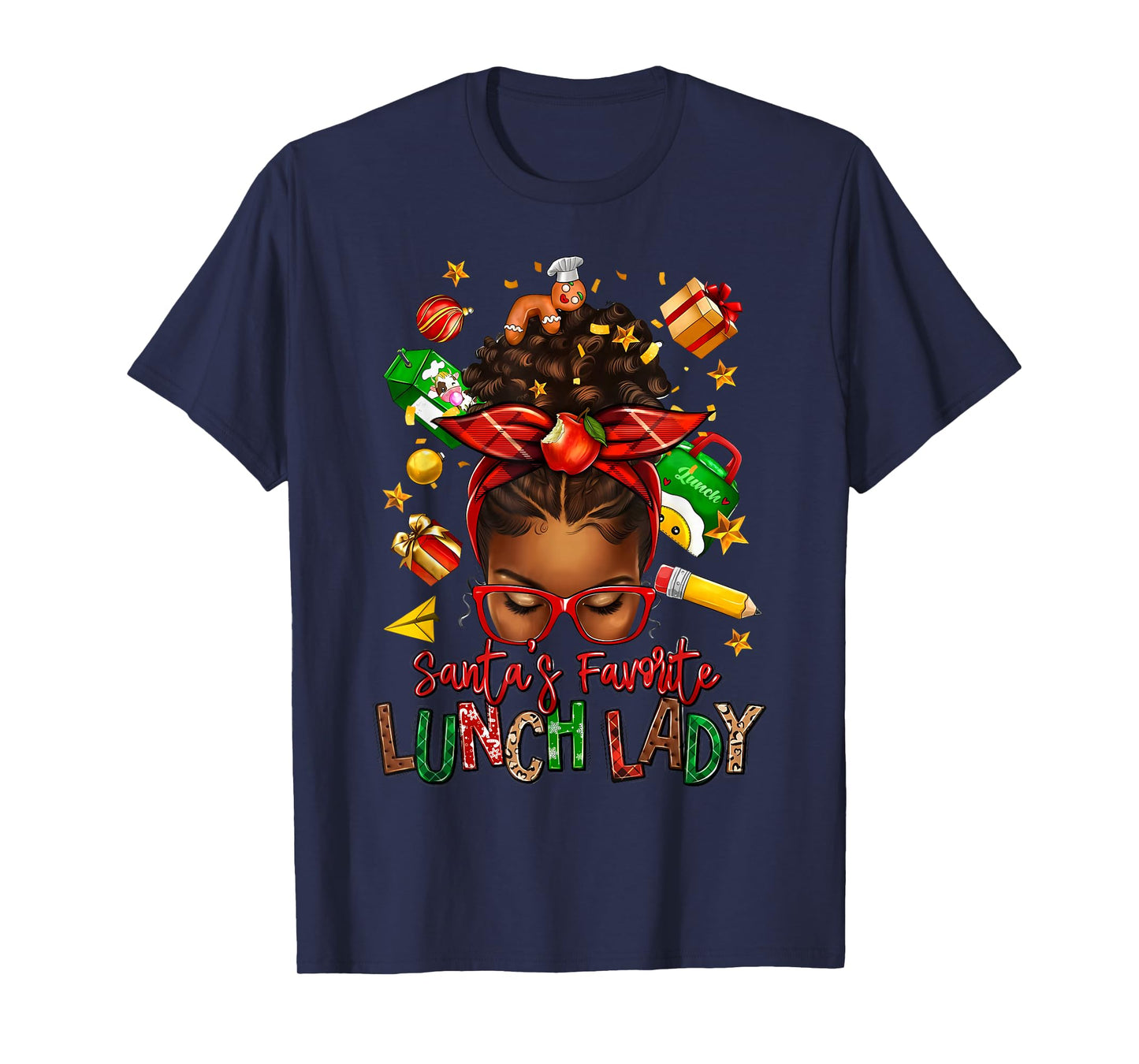 Santa's Favorite Lunch Lady Afro Messy Bun Woman Christmas T-Shirt