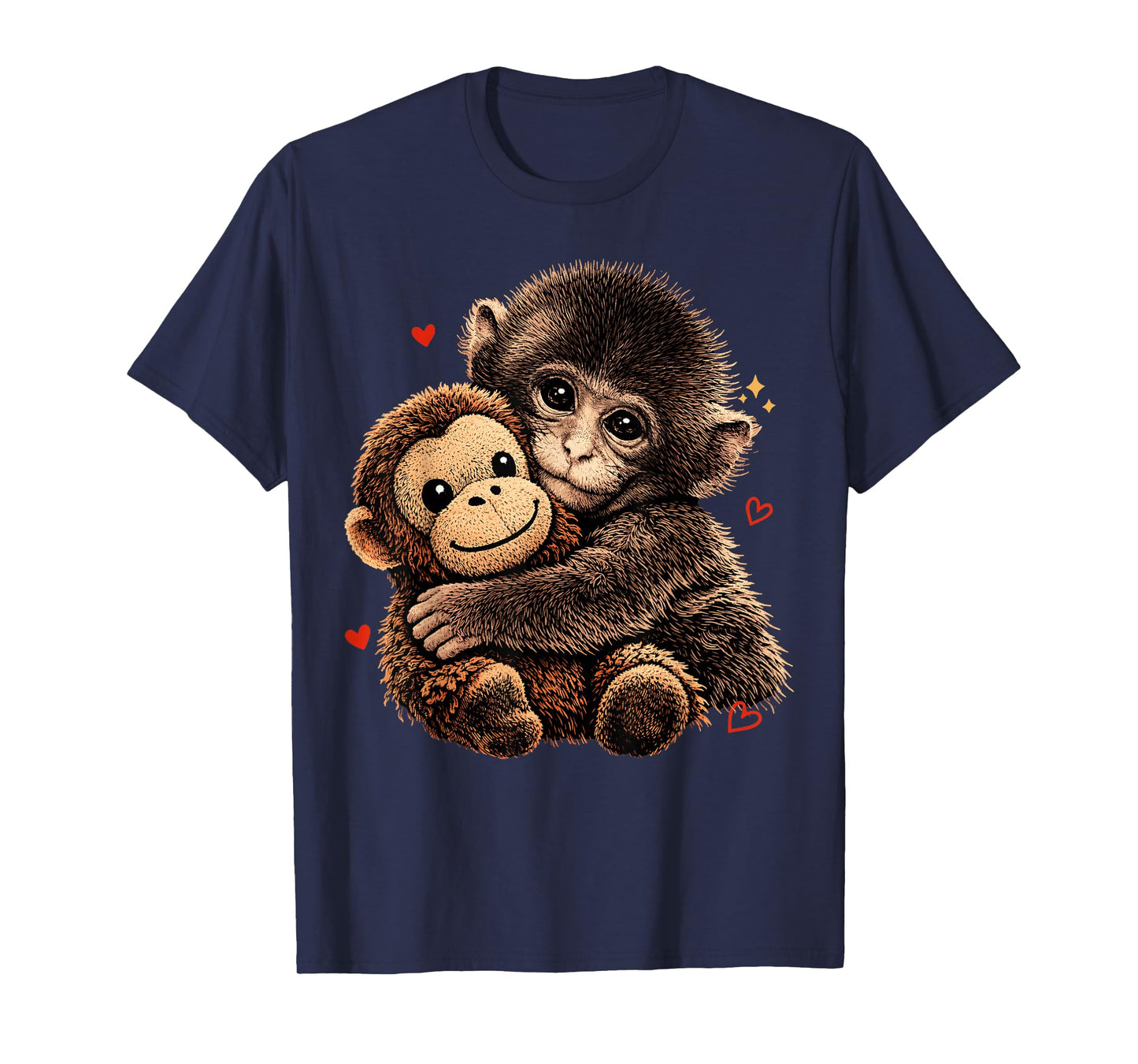Cute Baby Monkey Hugging Bear Plush Doll Animal Lover T-Shirt