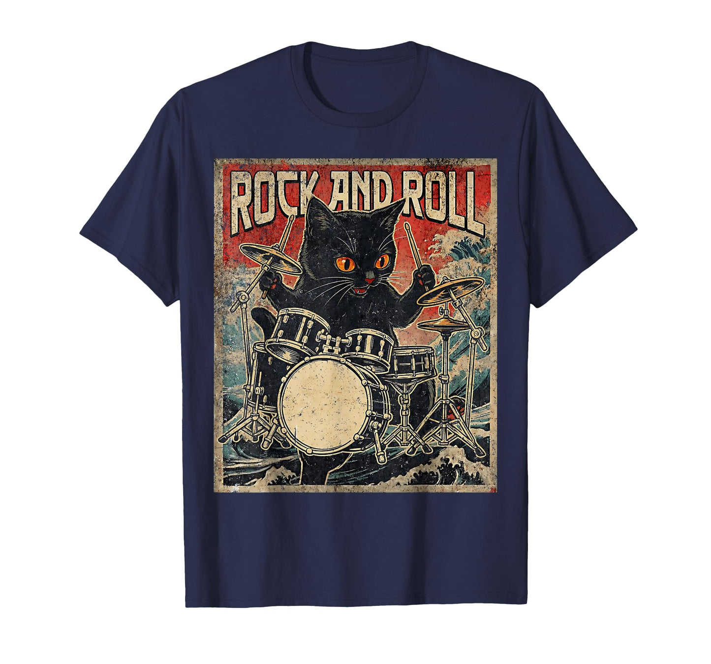 Cat Playing Drums Rock On Vintage Rock Drummer Cat T-Shirt