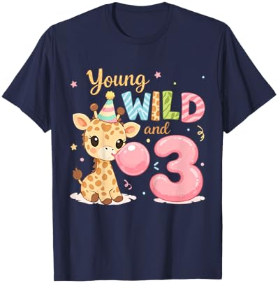 Kids Kids 3rd Birthday Young Wild and Three 3 Year Old Giraffe T-Shirt - T-Shirt | Navy