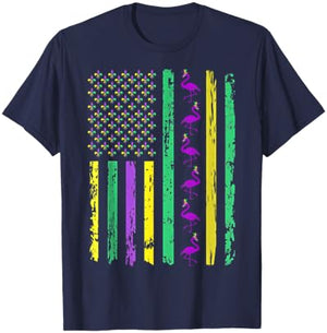 Carnival Mardi Gras USA American Flag Flamingo Parade Outfit T-Shirt - T-Shirt | Navy