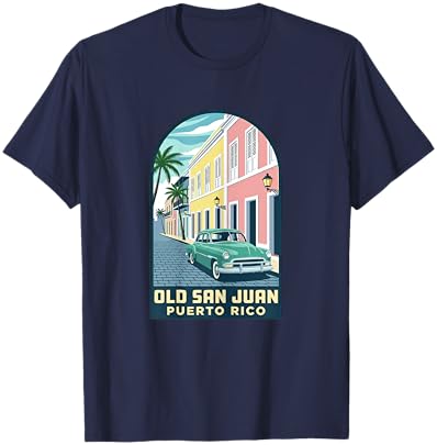 Old San Juan Puerto Rico Vintage Car Travel Poster Design T-Shirt - T-Shirt | Navy