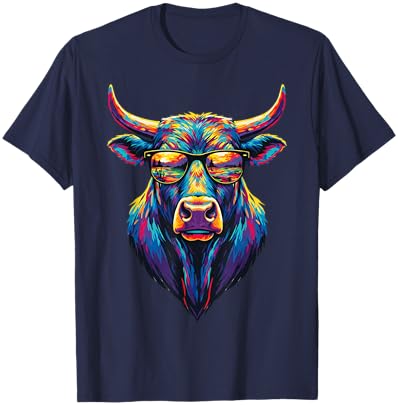 Colorful Buffalo Pop Art Sunglasses Sunset Reflection Animal T-Shirt - T-Shirt | Navy