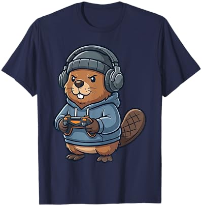 Funny Beaver Gaming Video Games Animal Gamer Kids T-Shirt - T-Shirt | Navy
