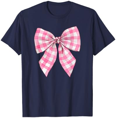 Pink and White Gingham Plaid Coquette Bow Trendy Retro Cute T-Shirt - T-Shirt | Navy
