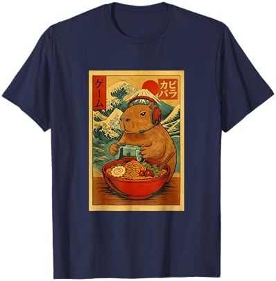 Capybara Gaming Ramen Japanese Ukiyo-e Great Wave Retro Art T-Shirt - T-Shirt | Navy