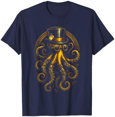 Steampunk Octopus - Retro Funky Gear Art T-Shirt - T-Shirt | Navy
