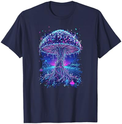 Psychedelic Glitch Mushroom | Cyberpunk Neon Nature Network T-Shirt - T-Shirt | Navy