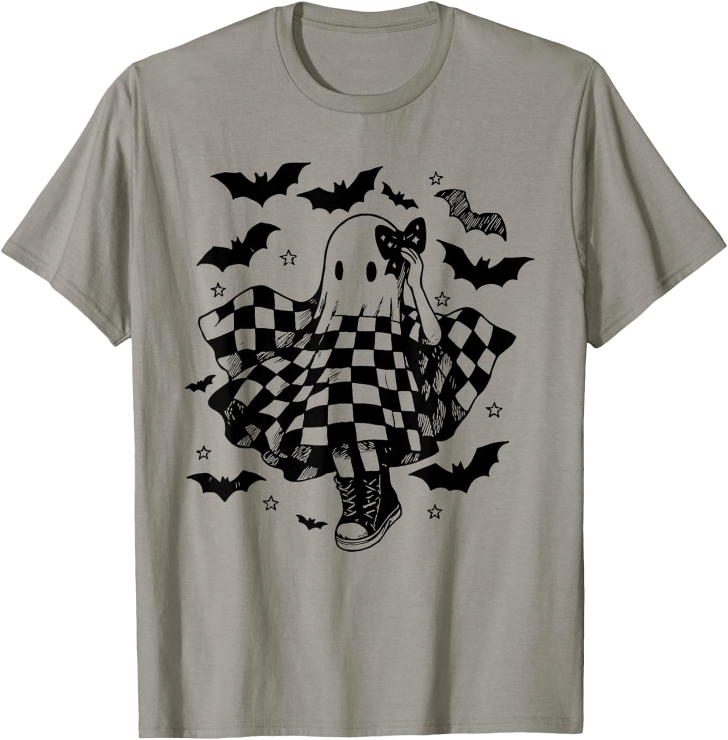 Retro Halloween Checkered Ghost Dance Coquette Bow T-Shirt - T-Shirt | Sand