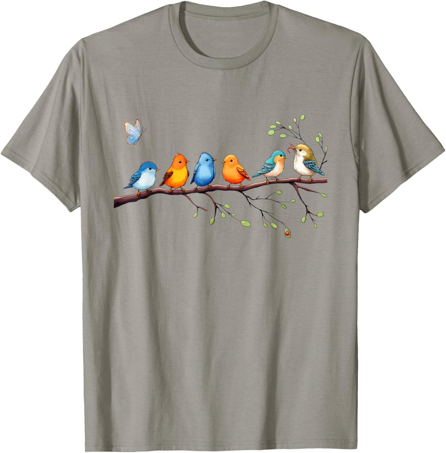 Happy Cute Birds on Branch Ladybug Butterfly T-Shirt - T-Shirt | Sand