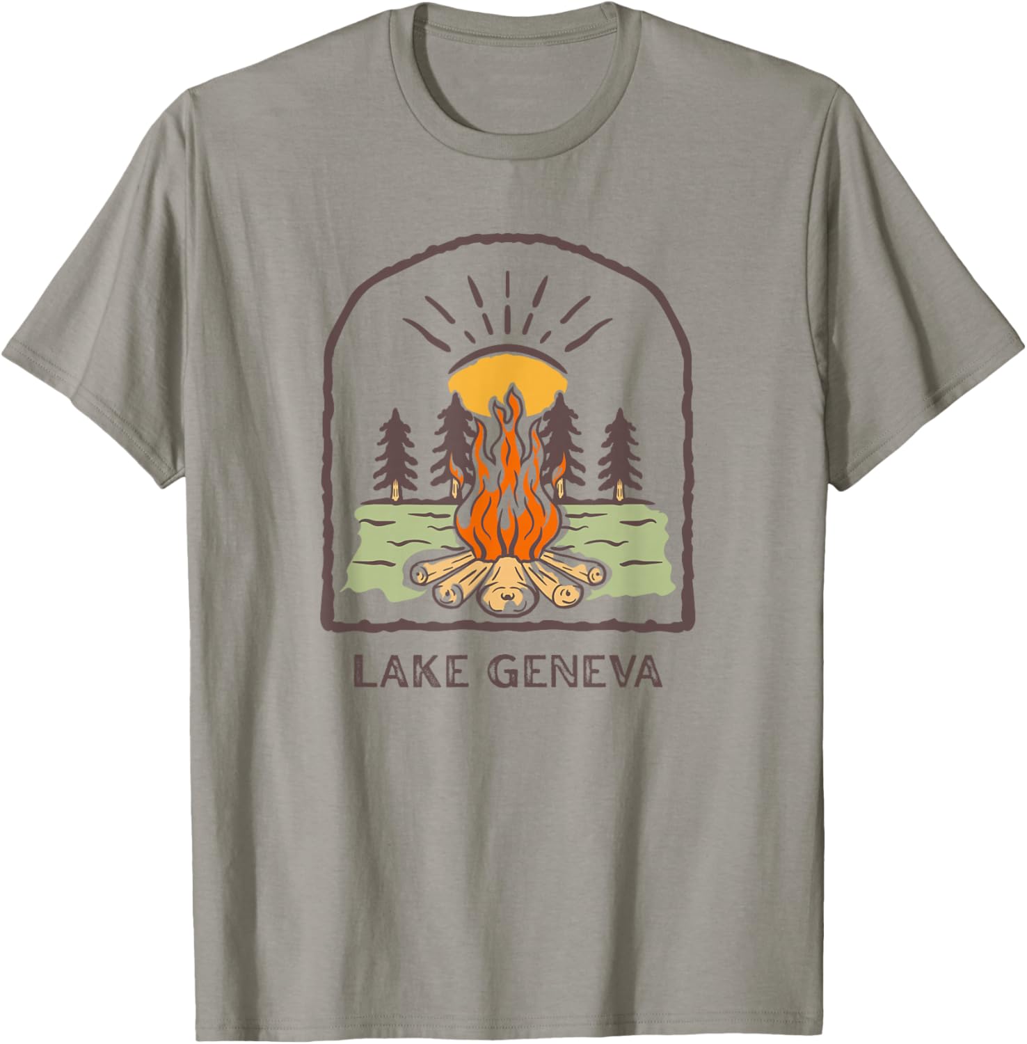 Lake Geneva Wisconsin Retro Campfire Camping UpNorth Midwest T-Shirt - T-Shirt | Sand