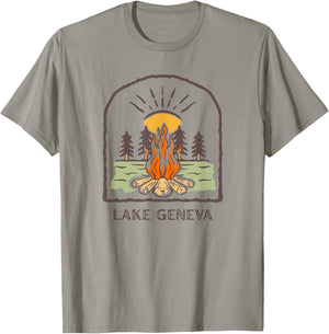 Lake Geneva Wisconsin Retro Campfire Camping UpNorth Midwest T-Shirt - T-Shirt | Sand