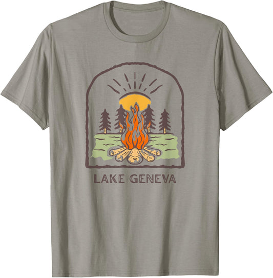 Lake Geneva Wisconsin Retro Campfire Camping UpNorth Midwest T-Shirt - T-Shirt | Sand