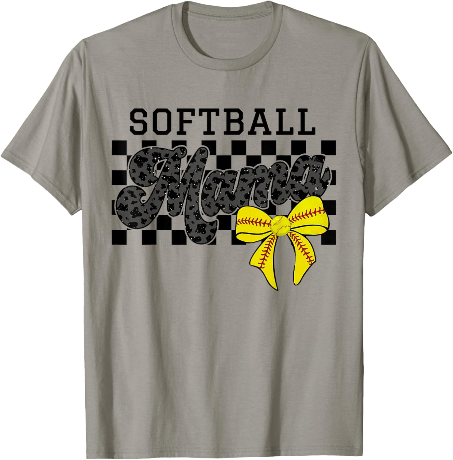 Softball Mama Mom Game Day Retro Checkered Coquette Bow T-Shirt - T-Shirt | Sand