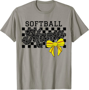 Softball Mama Mom Game Day Retro Checkered Coquette Bow T-Shirt - T-Shirt | Sand
