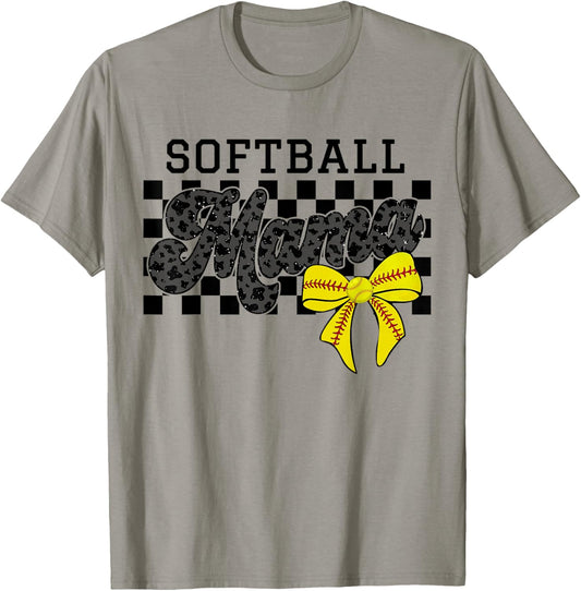 Softball Mama Mom Game Day Retro Checkered Coquette Bow T-Shirt - T-Shirt | Sand