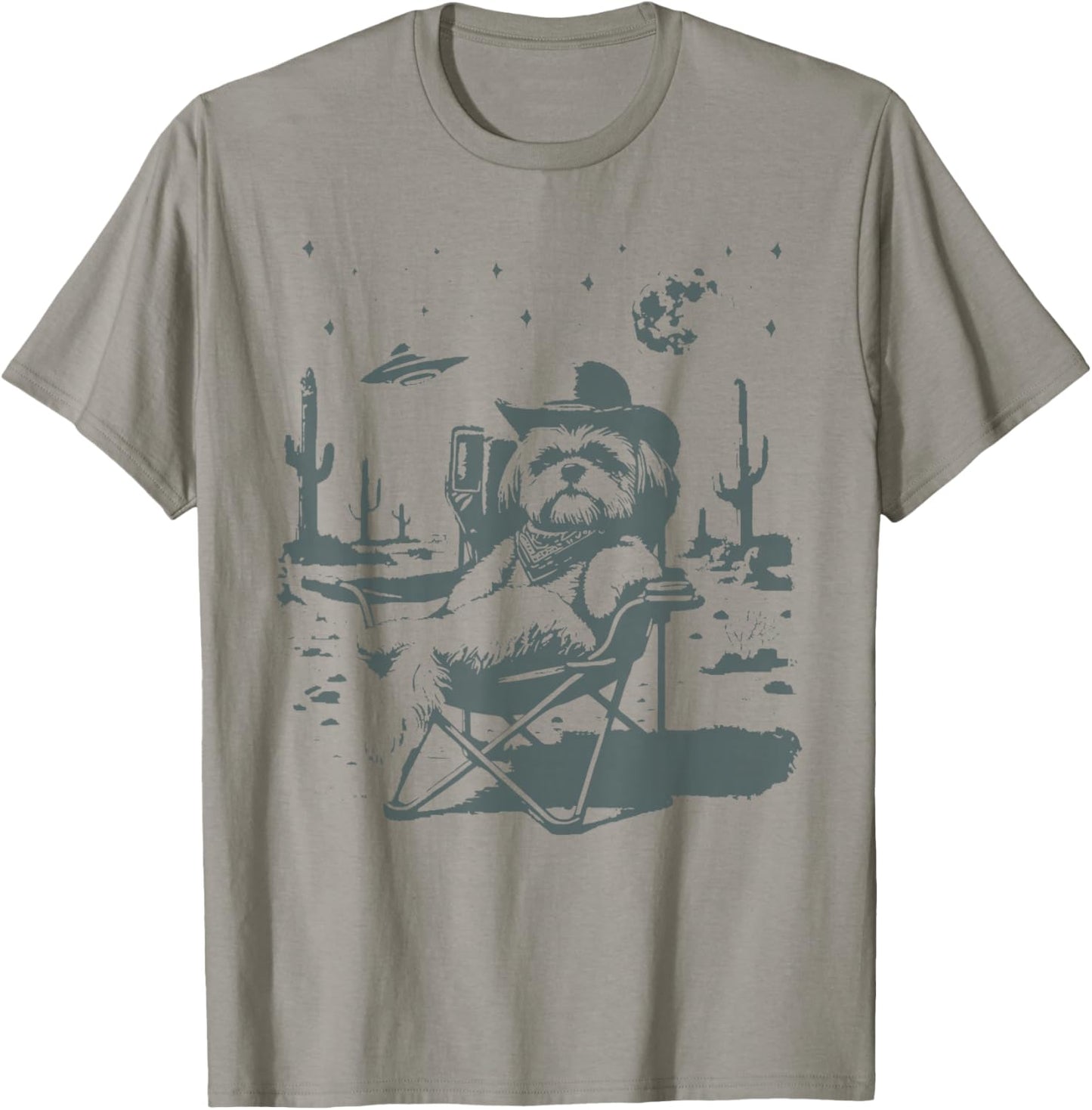 Vintage Shih Tzu UFO Western Cowboy Funny Dog Meme Art T-Shirt - T-Shirt | Sand