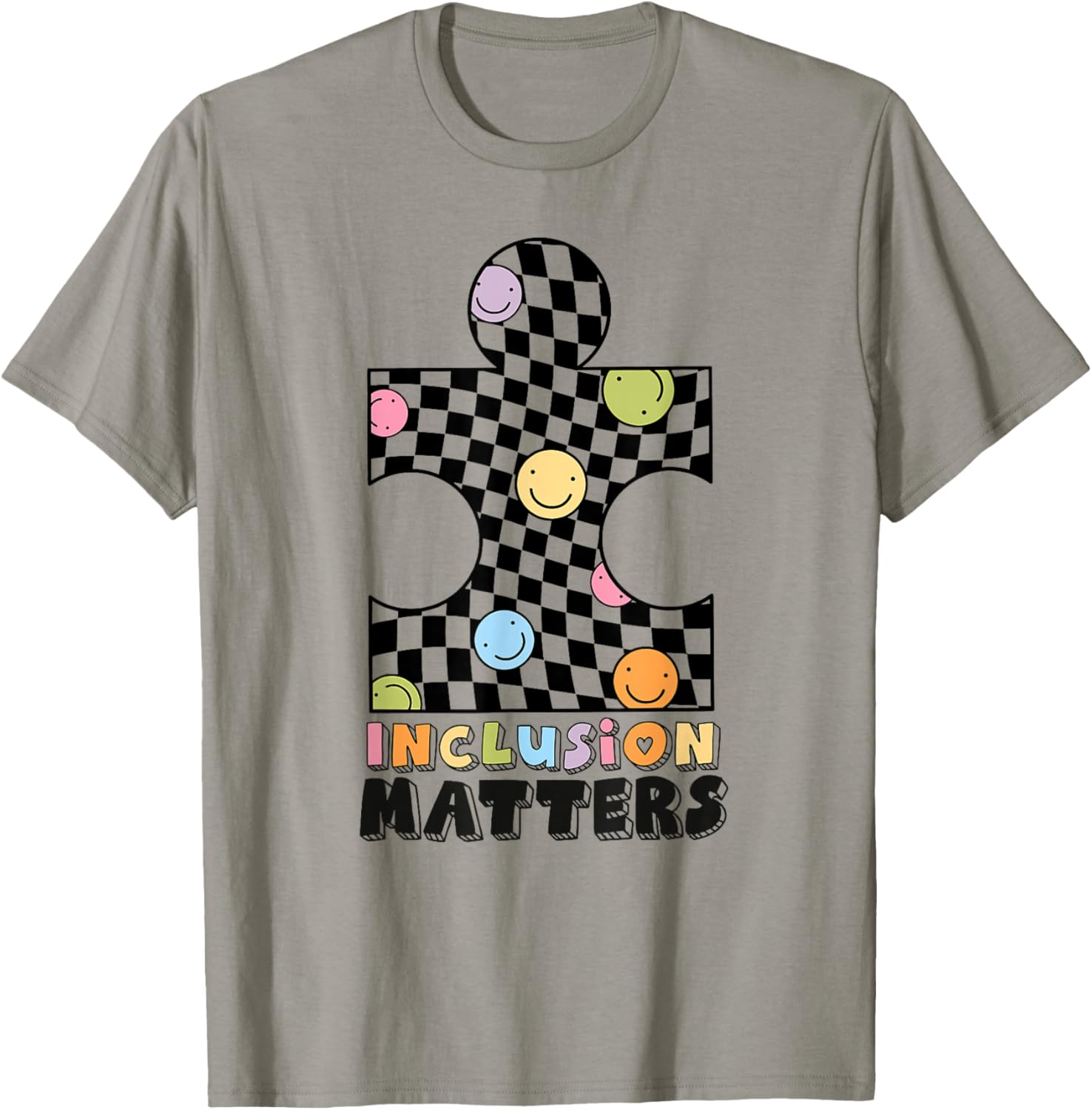 Inclusion Matters Checkered Puzzle Autism Awareness Support T-Shirt - T-Shirt | Sand