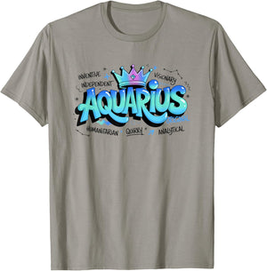 Colorful Aquarius Zodiac Typography Sign Quirky Design T-Shirt - T-Shirt | Sand