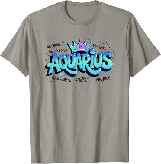 Colorful Aquarius Zodiac Typography Sign Quirky Design T-Shirt - T-Shirt | Sand