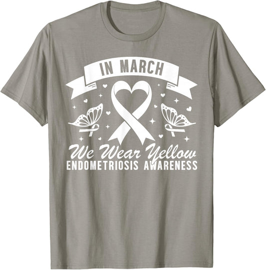 in March We Wear Yellow Butterfly Endometriosis Awareness T-Shirt - T-Shirt | Sand