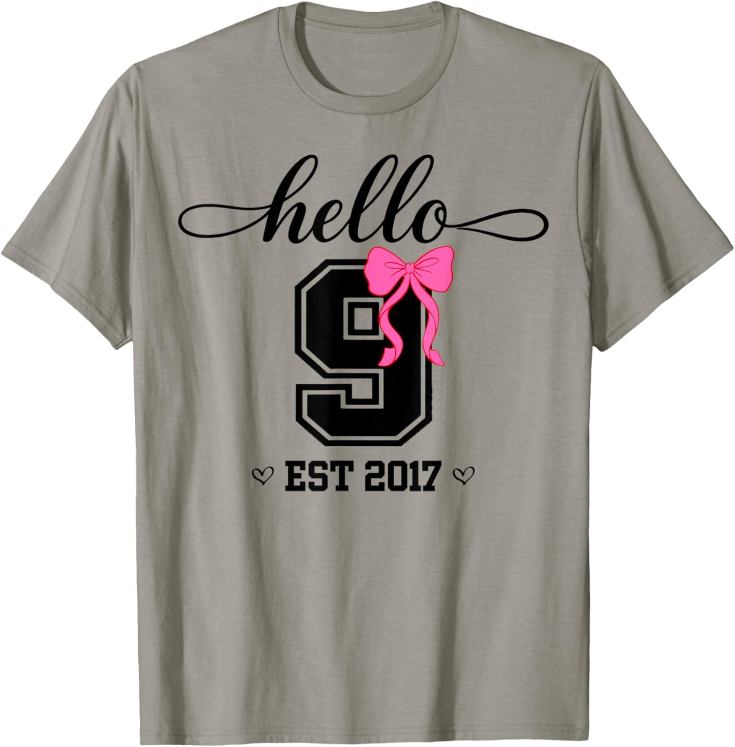 Hello Nine Est 2017 Coquette Bow 9th Birthday Girl T-Shirt - T-Shirt | Sand
