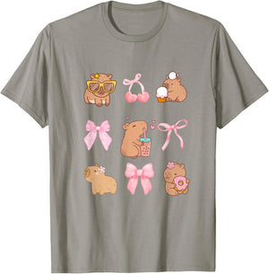 Cute Coquette Bow Capybara Pajamas Pjs Clothes Girls T-Shirt - T-Shirt | Sand