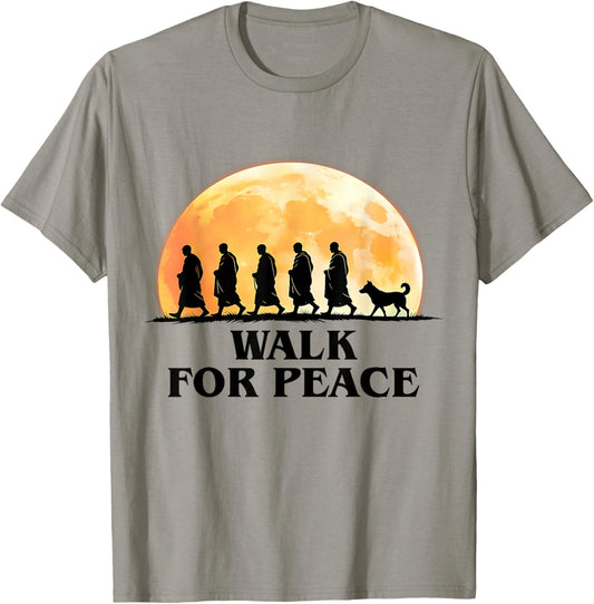 Retro Peace Walking Monks & Dog Minimalist Zen Art Graphic T-Shirt - T-Shirt | Sand