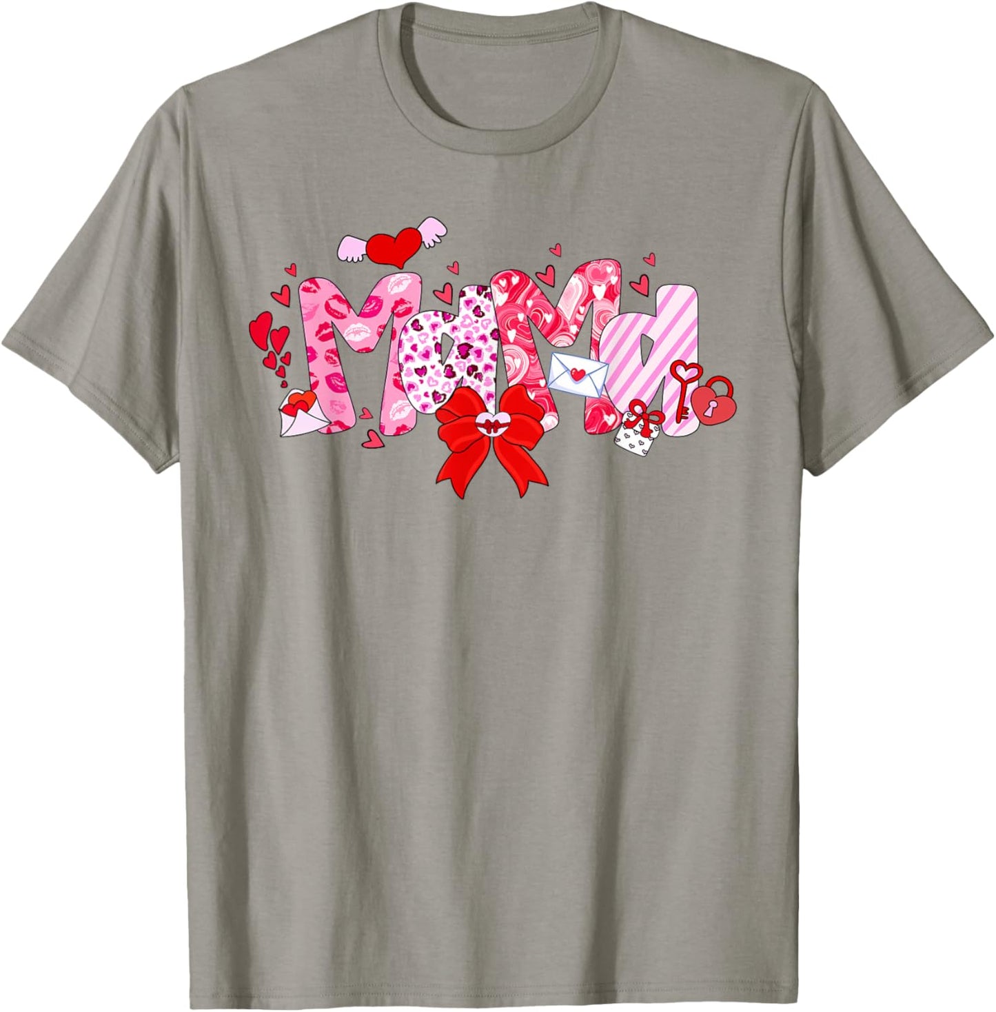 Valentine Mama Heart Mom Valentines Day Coquette Bow T-Shirt - T-Shirt | Sand