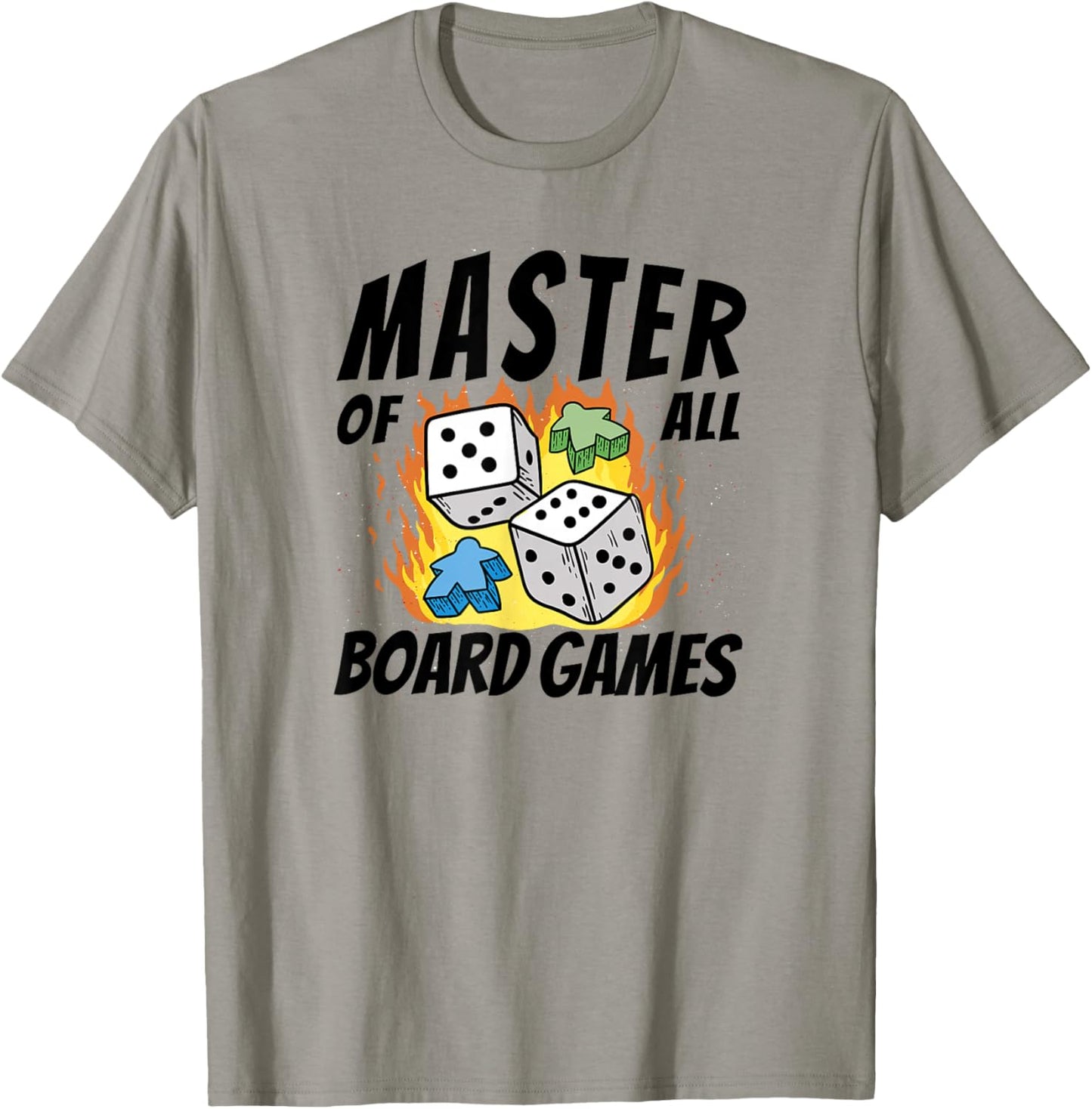 Master All Board Games Dice and Meeple Fire Graphic T-Shirt - T-Shirt | Sand