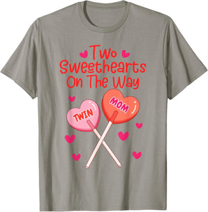 Valentines Pregnancy Twin Mom Two Sweethearts On The Way T-Shirt - T-Shirt | Sand