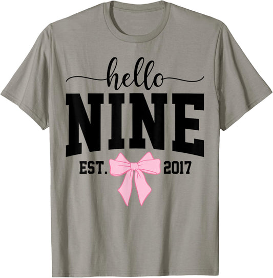 Hello Nine Est 2017 Coquette Bow 9th Birthday Girl T-Shirt - T-Shirt | Sand