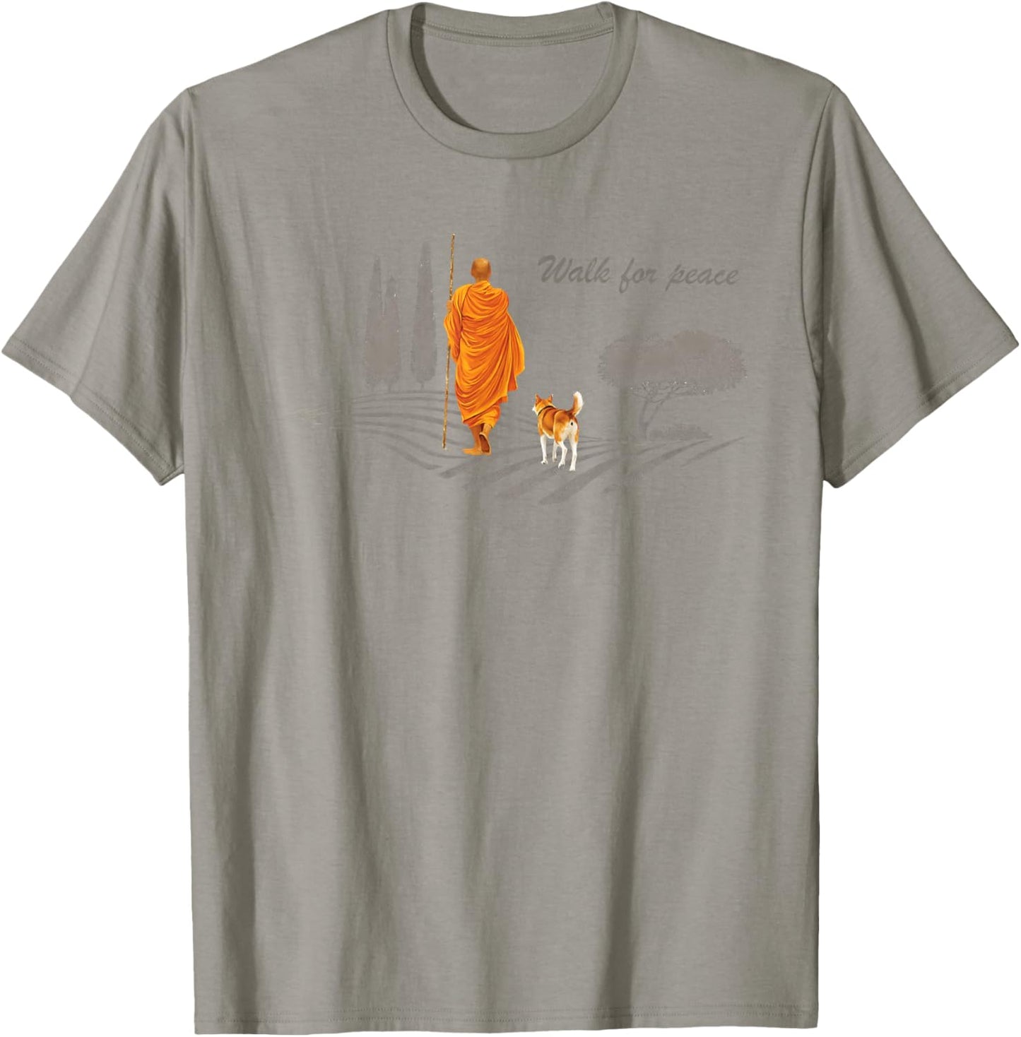 Retro Peace Walking Monks & Dog Minimalist Zen Art T-Shirt - T-Shirt | Sand