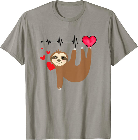 Love Sloth Heart Beat Gift Valentine Birthday Anniversary T-Shirt - T-Shirt | Sand