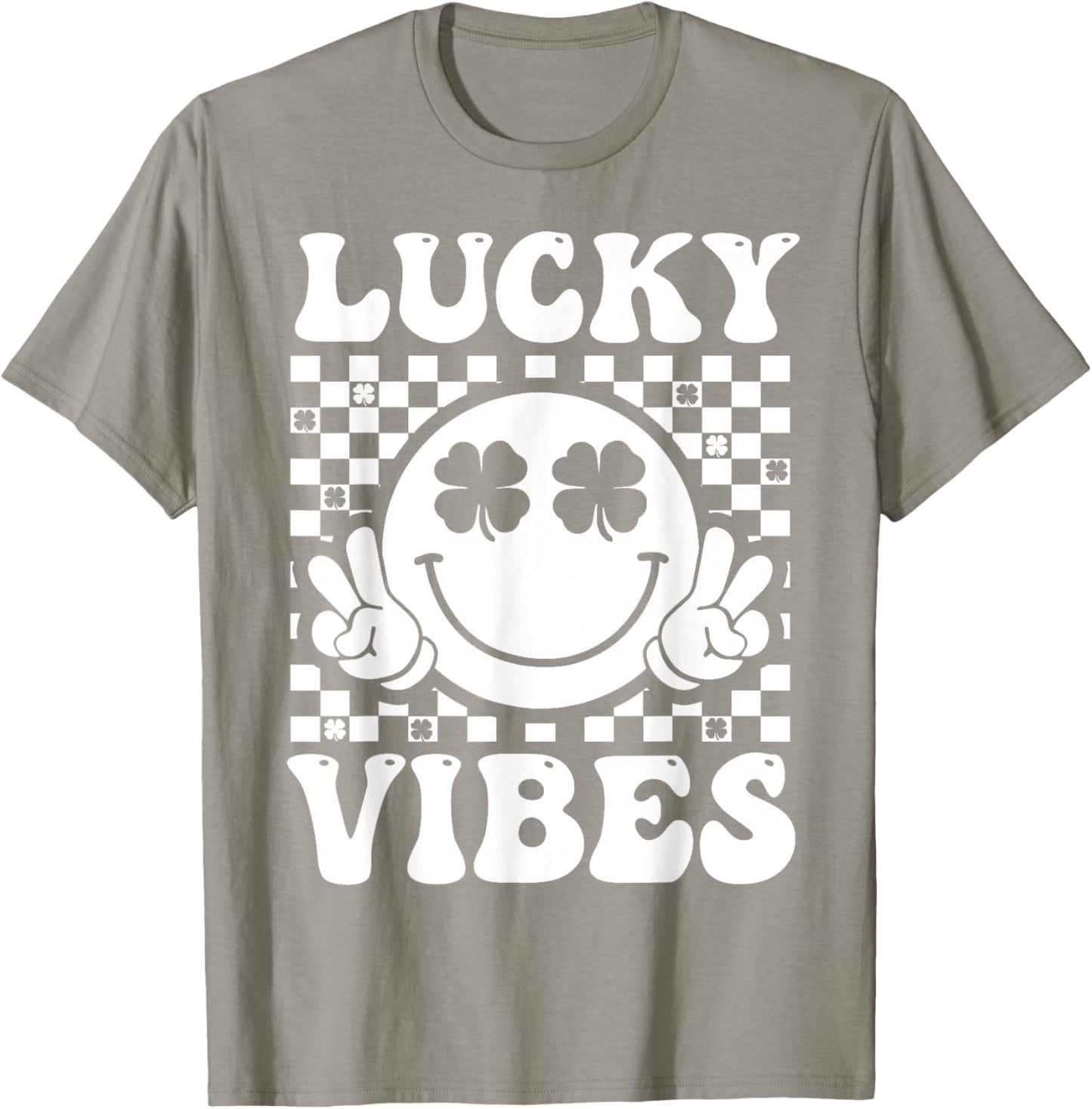 Lucky Vibes Retro Smile Face Irish Shamrock St Patricks Day T-Shirt - T-Shirt | Sand