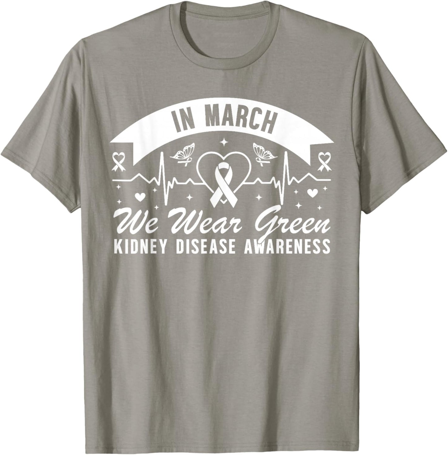 in March We Wear Green Kidney Disease Awareness Butterfly T-Shirt - T-Shirt | Sand
