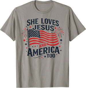 Patriotic Girl She Loves Jesus and America Too American Flag T-Shirt - T-Shirt | Sand