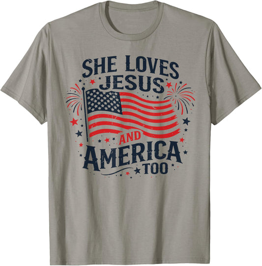 Patriotic Girl She Loves Jesus and America Too American Flag T-Shirt - T-Shirt | Sand