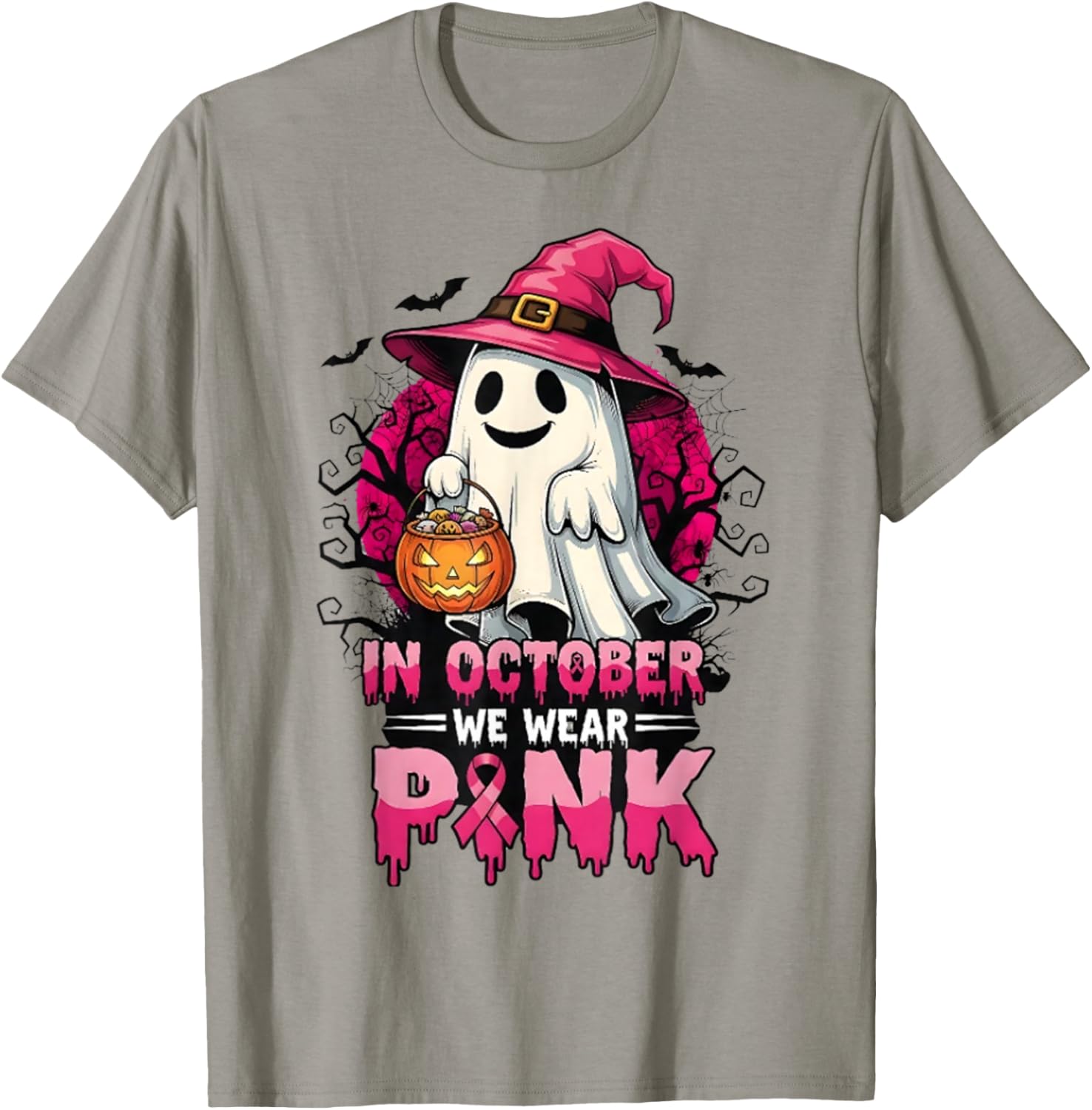 in October We Wear Pink Ghost Witch Breast Cancer Awareness T-Shirt - T-Shirt | Sand