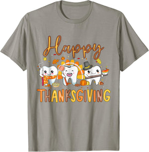 Funny Happy Thanksgiving Teeth Dental Squad Turkey Retro T-Shirt - T-Shirt | Sand
