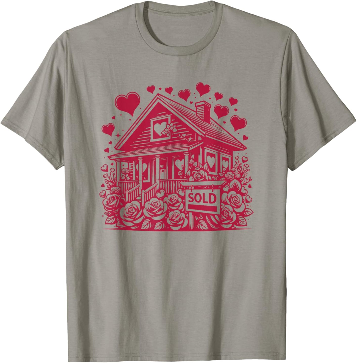 Real Estate Valentine's Day Realtor Cute House and Flowers T-Shirt - T-Shirt | Sand