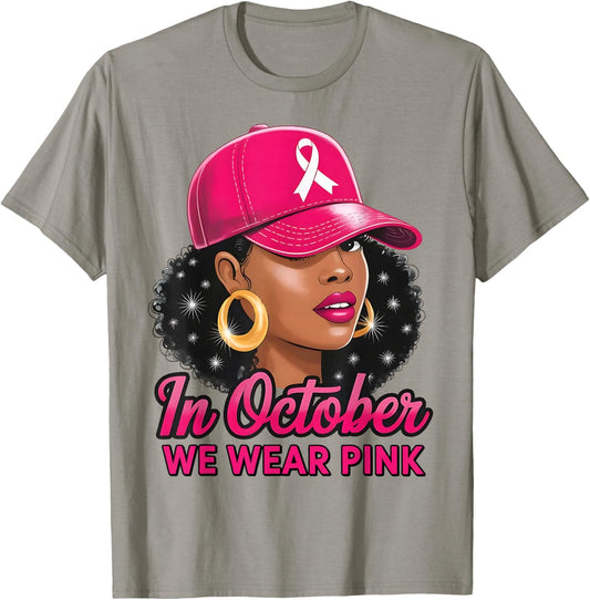 in October We Wear Pink Black Women Breast Cancer Awareness T-Shirt - T-Shirt | Sand