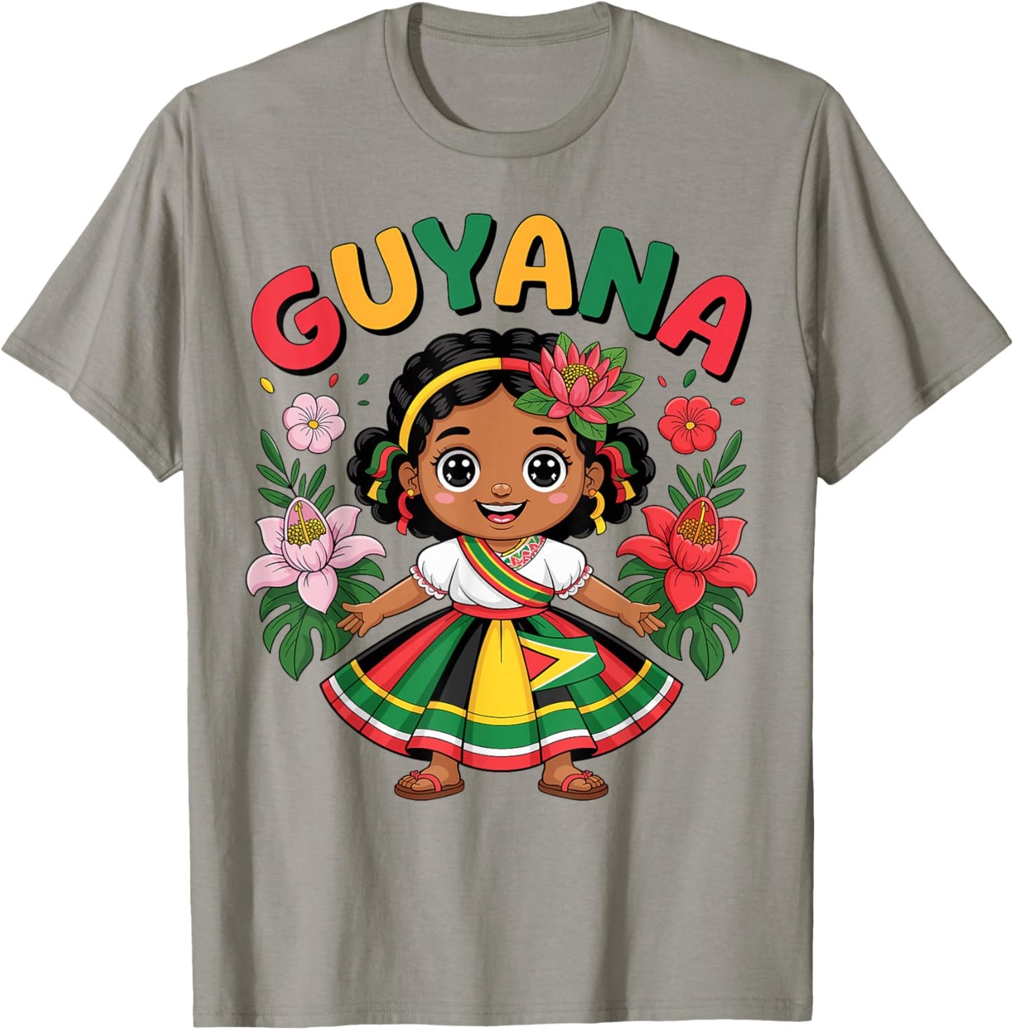 Guyanese Girl in Traditional Dress with Tropical Flowers T-Shirt - T-Shirt | Sand